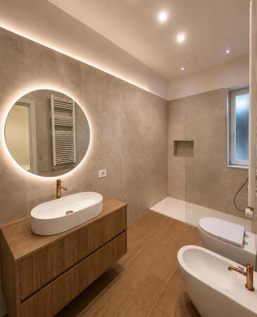 Salle de bain avec miroir rond rétroéclairé et douche à l'italienne